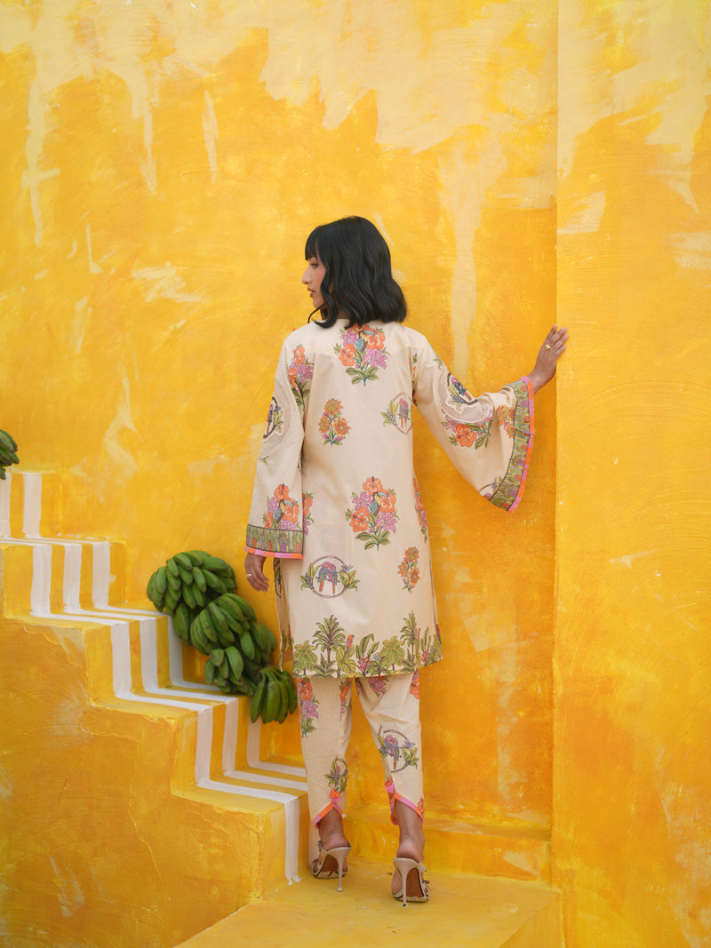 CORAL PEACH TROPICAL BLOOM SHORT KURTA WITH TULIP SALWAR SET- SET OF 2