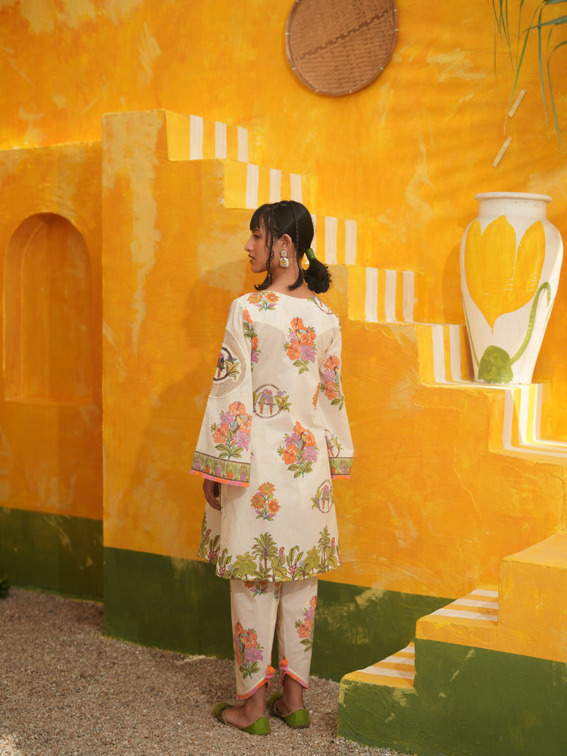OFF WHITE TROPICAL BLOOM SHORT KURTA WITH TULIP SALWAR SET - SET OF 2