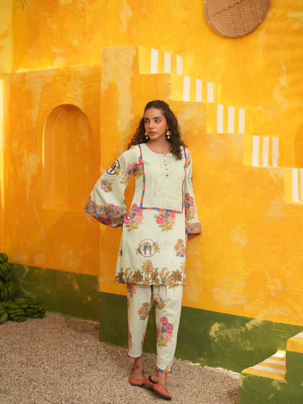 COOL MINT TROPICAL BLOOM SHORT KURTA WITH TULIP SALWAR SET - SET OF 2