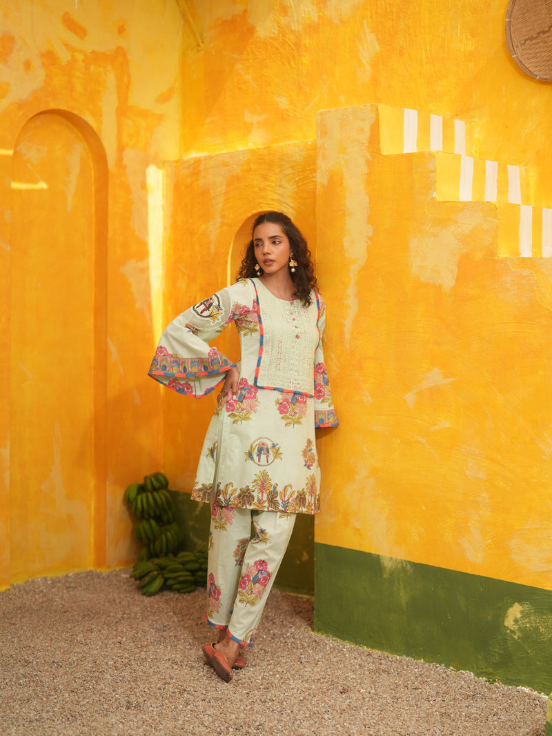 COOL MINT TROPICAL BLOOM SHORT KURTA WITH TULIP SALWAR SET - SET OF 2