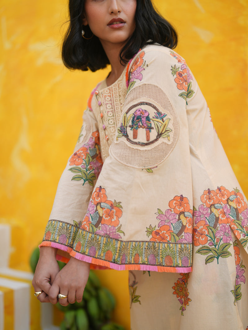 CORAL PEACH TROPICAL BLOOM SHORT KURTA WITH TULIP SALWAR SET- SET OF 2