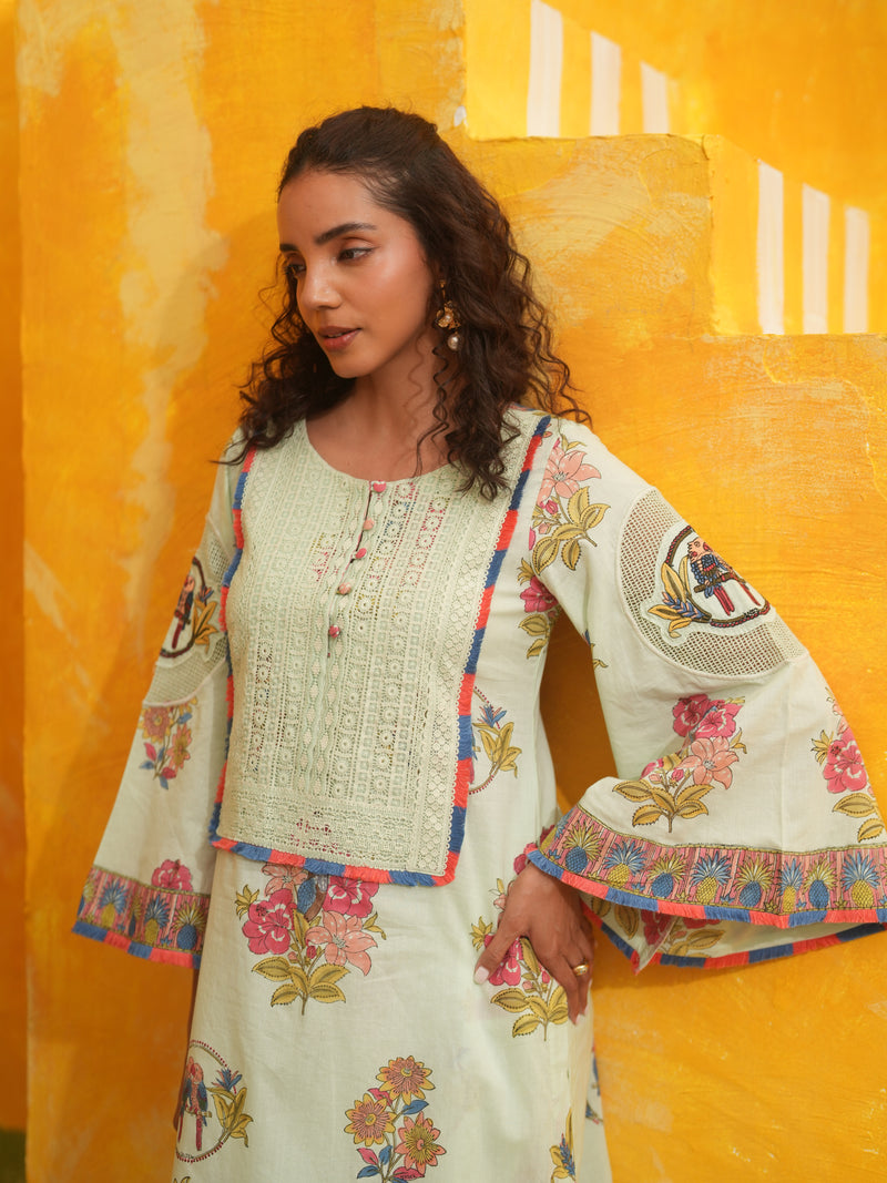 COOL MINT TROPICAL BLOOM SHORT KURTA WITH TULIP SALWAR SET - SET OF 2