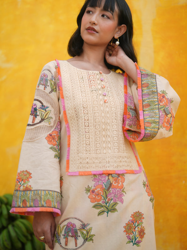 CORAL PEACH TROPICAL BLOOM SHORT KURTA WITH TULIP SALWAR SET- SET OF 2
