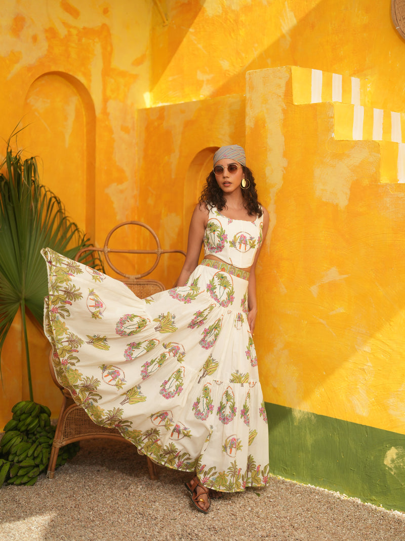OFF WHITE PALM PARADISE SKIRT AND BLOUSE SET - SET OF 2