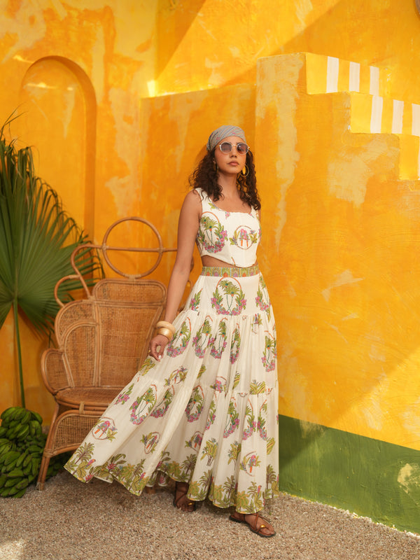 OFF WHITE PALM PARADISE SKIRT AND BLOUSE SET - SET OF 2