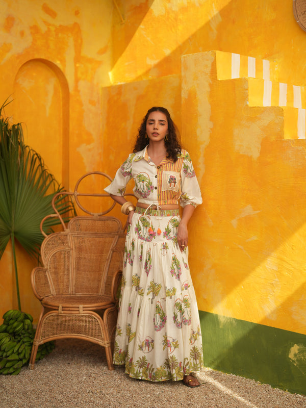 OFF WHITE PALM PARADISE CROPPED SHIRT & SKIRT SET - SET OF 2