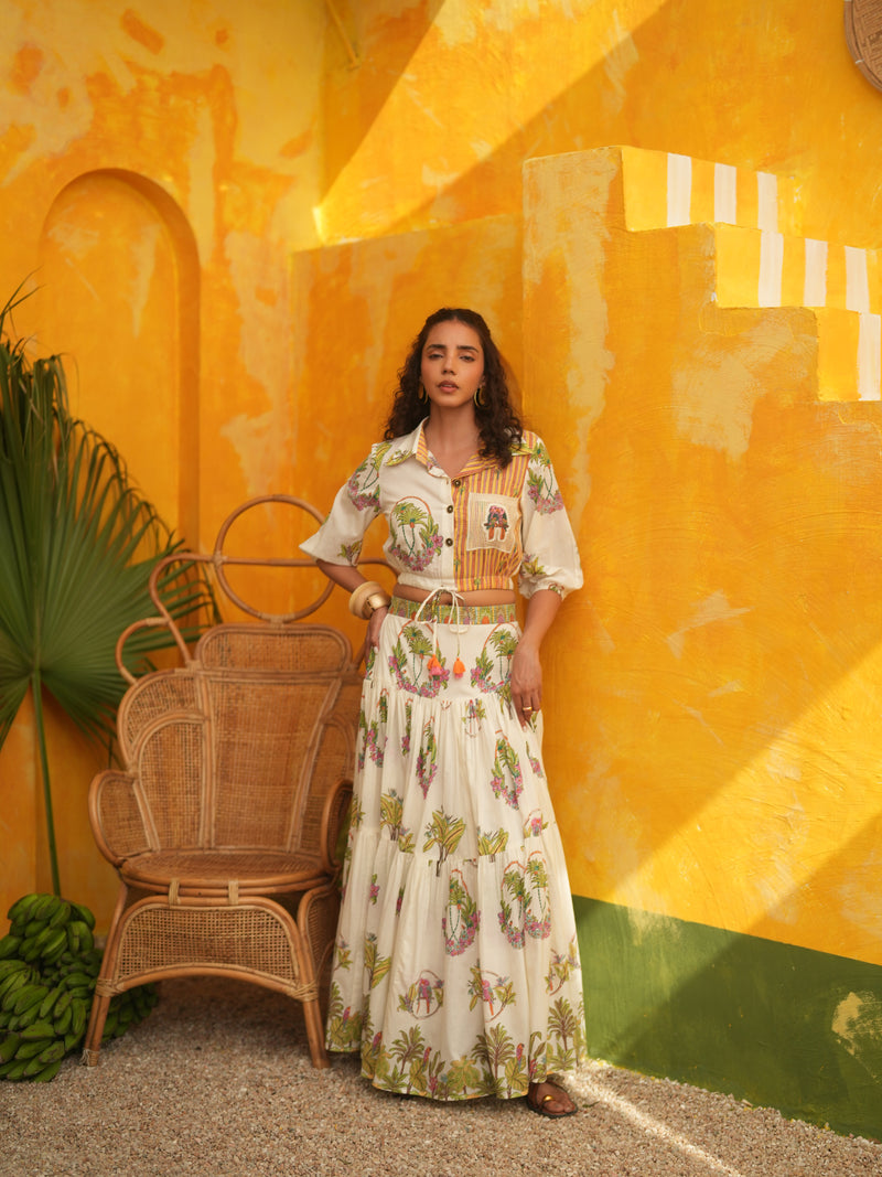 OFF WHITE PALM PARADISE CROPPED SHIRT & SKIRT SET - SET OF 2