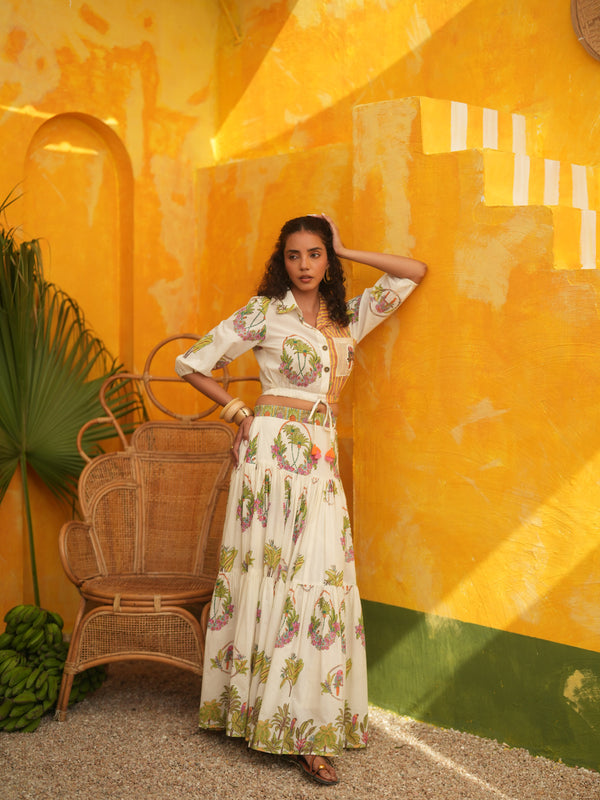OFF WHITE PALM PARADISE CROPPED SHIRT & SKIRT SET - SET OF 2
