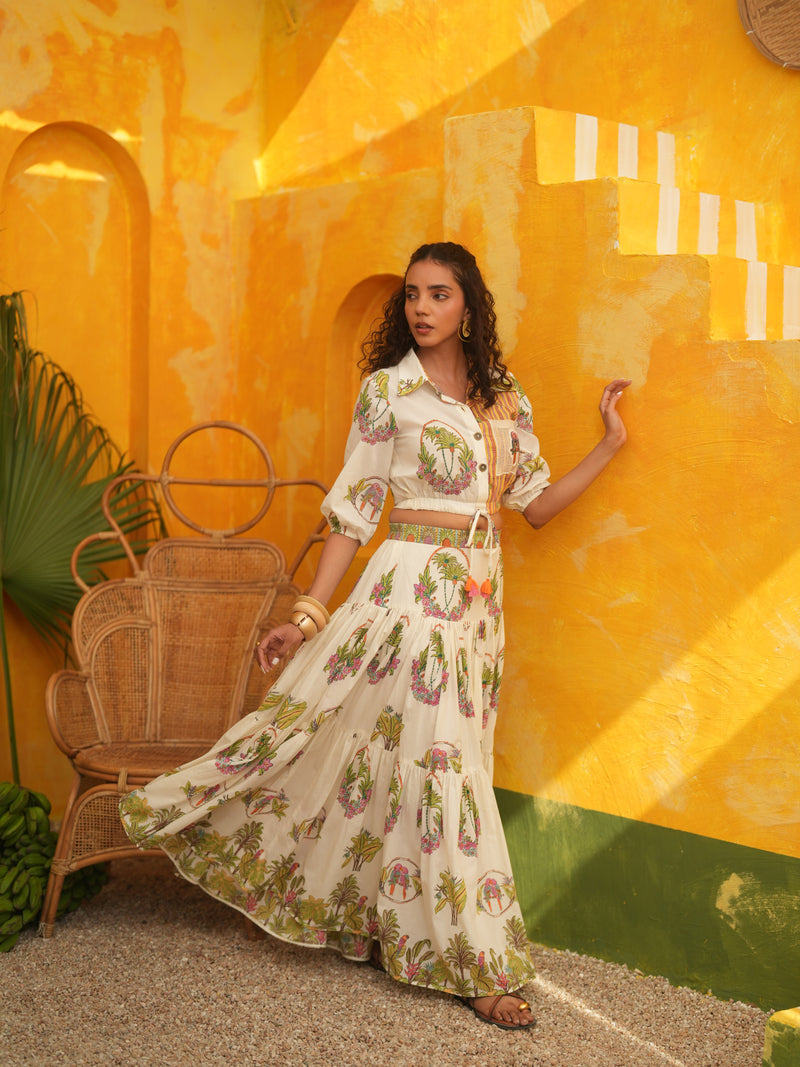 OFF WHITE PALM PARADISE CROPPED SHIRT & SKIRT SET - SET OF 2
