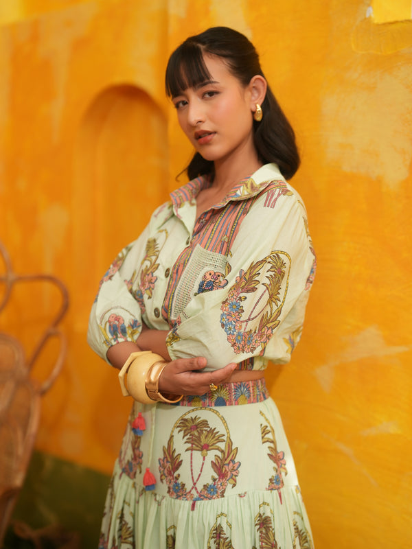 COOL MINT PALM PARADISE CROPPED SHIRT & SKIRT SET - SET OF 2