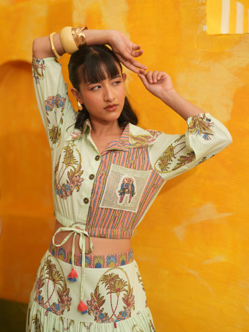 COOL MINT PALM PARADISE CROPPED SHIRT & SKIRT SET - SET OF 2