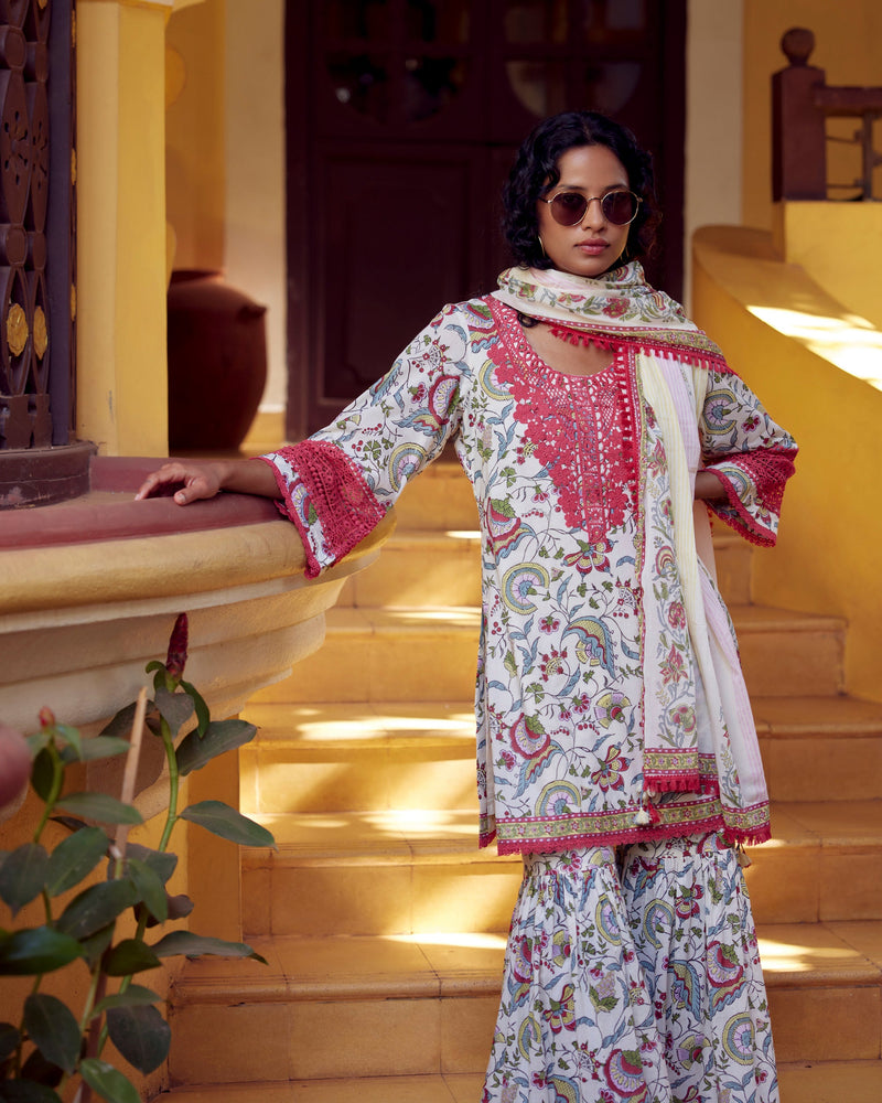 Lal Bagh Straight Short Straight Kurta with Gharara and Dupatta- Set of 3 SALE