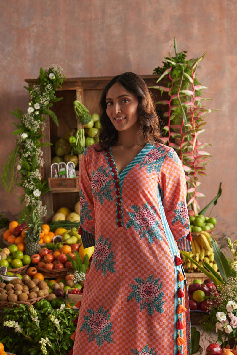 NARGIS PINK AND ORANGE CHECKERED STRAIGHT LONG KURTA WITH PANT AND DUPATTA - SET OF 3