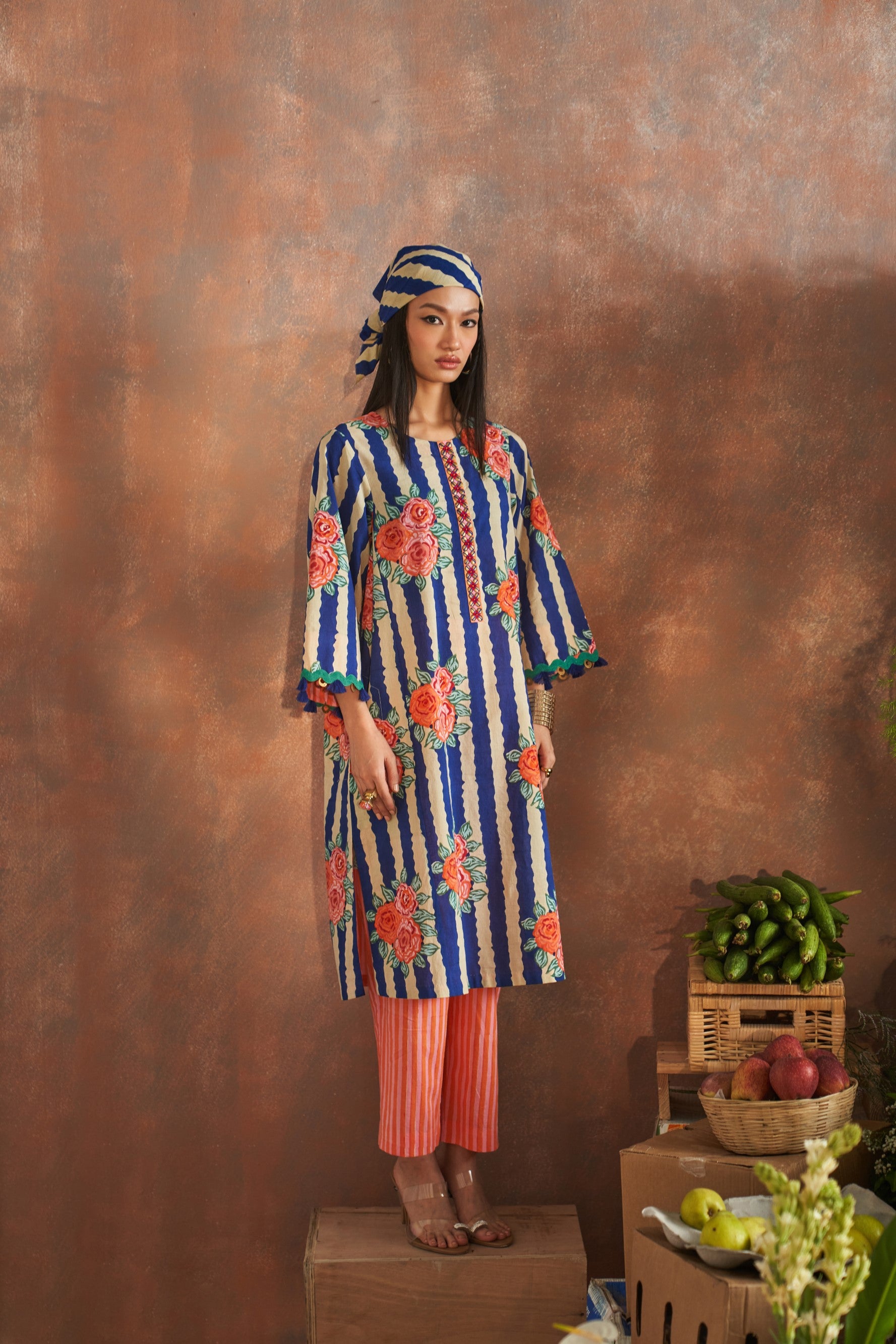 AMARA BEIGE AND ROYAL BLUE STRIPED EASY FIT KURTA WITH PANT - SET OF 2 ...
