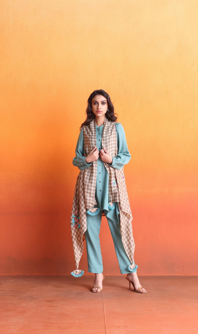 Dusty Blue Asymmetrical Co-ord Set with Fawn & Beige Checkered Pashmina Overlay Cape -Set of 3