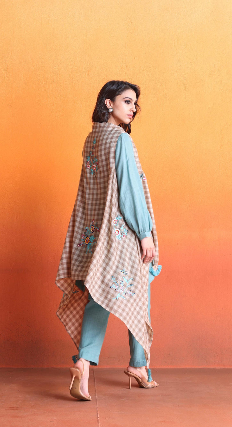 Dusty Blue Asymmetrical Co-ord Set with Fawn & Beige Checkered Pashmina Overlay Cape -Set of 3