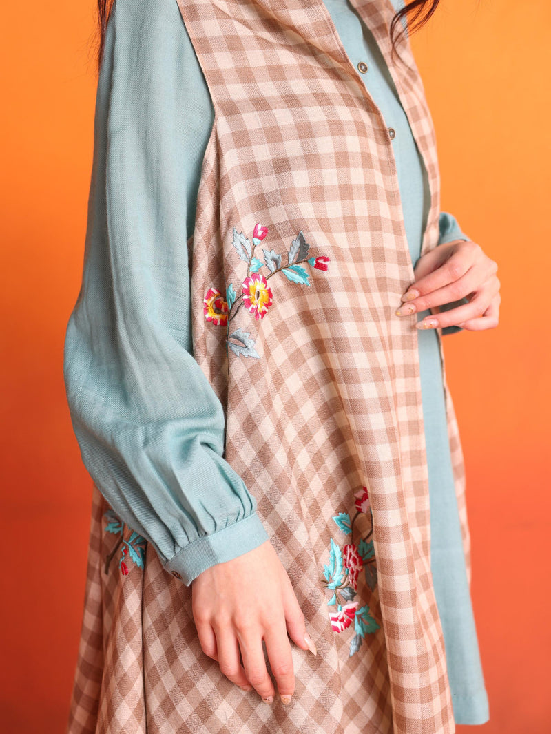 Dusty Blue Asymmetrical Co-ord Set with Fawn & Beige Checkered Pashmina Overlay Cape -Set of 3