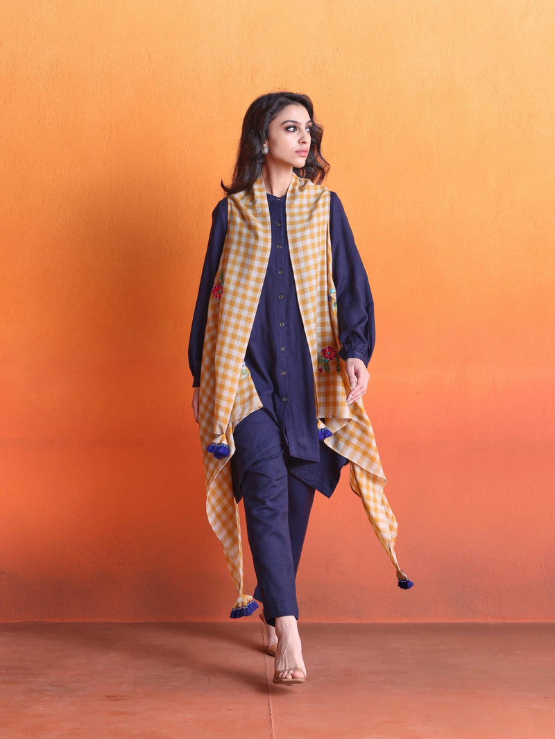 Navy Blue Asymmetrical Co-ord Set with Yellow & Beige Checkered Pashmina Overlay Cape -Set of 3