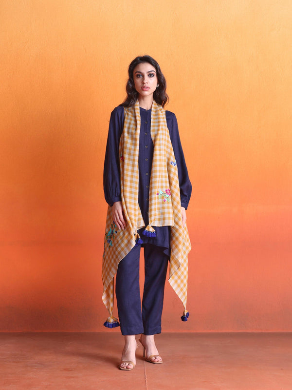 Navy Blue Asymmetrical Co-ord Set with Yellow & Beige Checkered Pashmina Overlay Cape -Set of 3