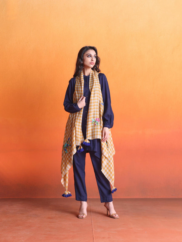 Navy Blue Asymmetrical Co-ord Set with Yellow & Beige Checkered Pashmina Overlay Cape -Set of 3