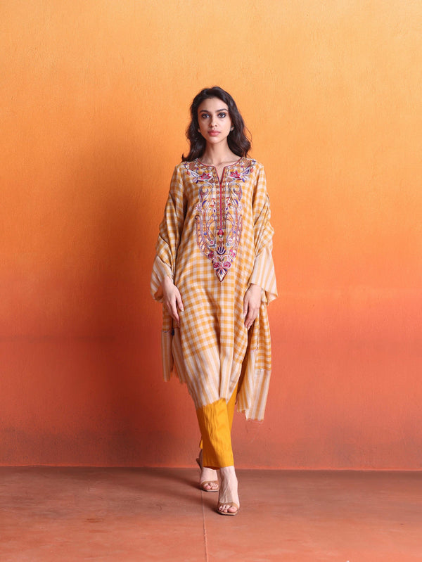 Yellow & Beige Checkered Pashmina  Straight Kurta with Pant & Stole - Set of 3