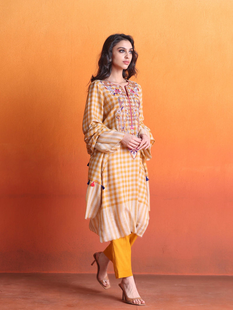 Yellow & Beige Checkered Pashmina  Straight Kurta with Pant & Stole - Set of 3