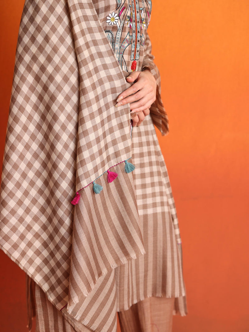 Fawn & Beige Checkered Pashmina  Straight Kurta with Pant & Stole - Set of 3