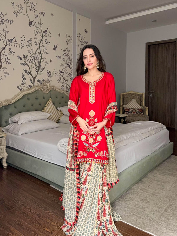 KASHMIRA RED STRAIGHT SHORT KURTA WITH GHARARA AND DUPATTA (SET OF 3)