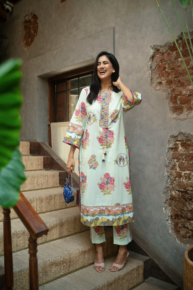 COOL MINT TROPICAL BLOOM STRAIGHT LONG KURTA SET - SET OF 2