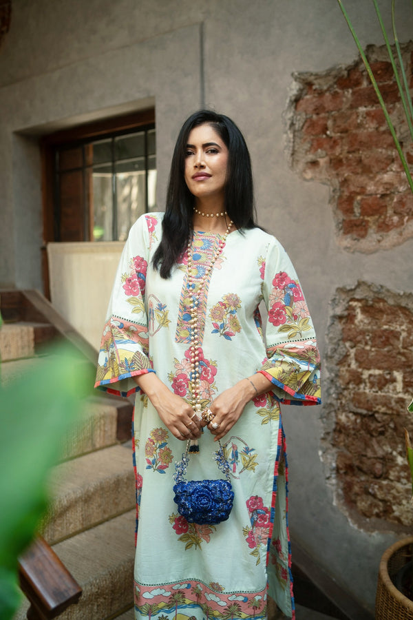 COOL MINT TROPICAL BLOOM STRAIGHT LONG KURTA SET - SET OF 2