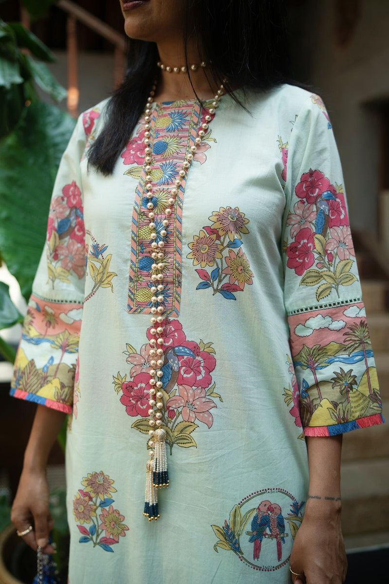 COOL MINT TROPICAL BLOOM STRAIGHT LONG KURTA SET - SET OF 2