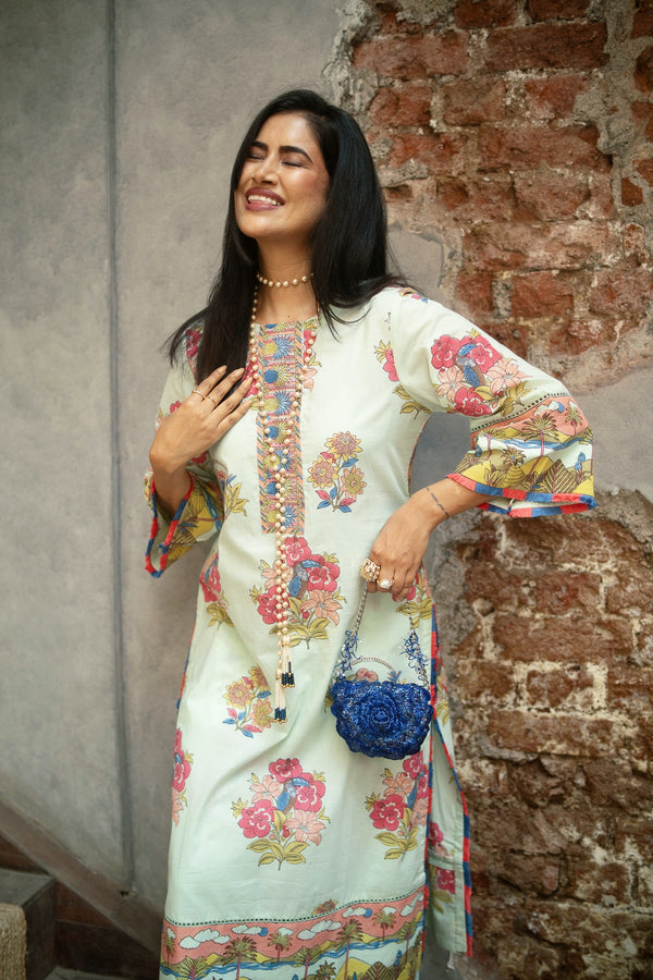 COOL MINT TROPICAL BLOOM STRAIGHT LONG KURTA SET - SET OF 2