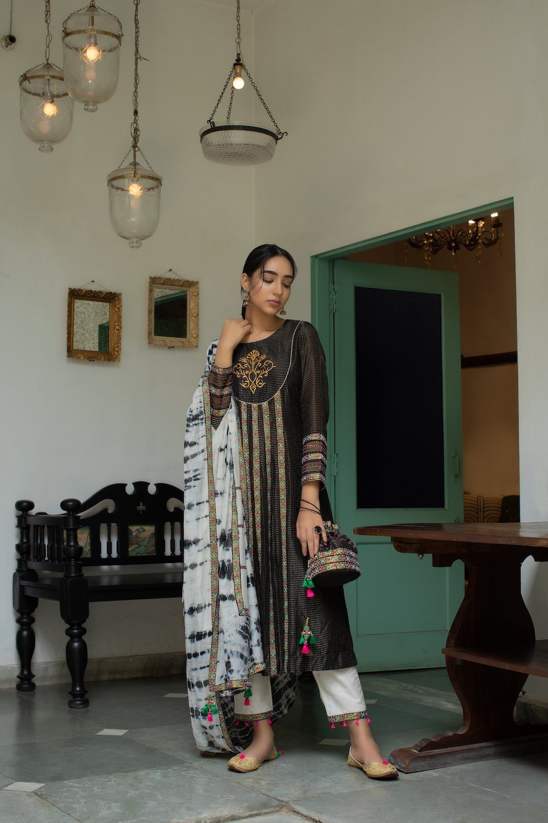 Black and Gold Zari Check Kurta With Tilla Embroidery – Tasha India