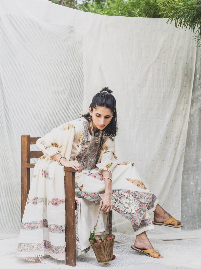 Straight Kurta With Cutwork Paisley Patches And Pants Set