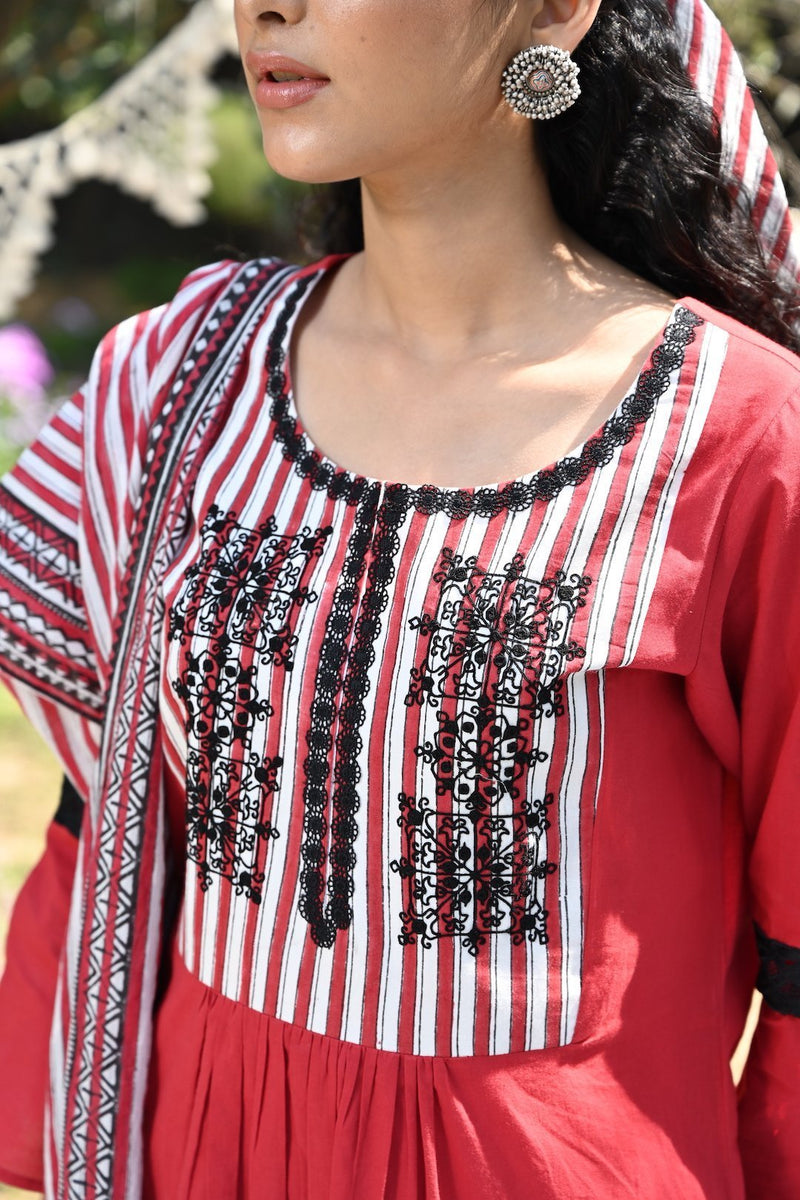 Red Short Kurta With Striped Gharara and Dupatta Set (SALE)