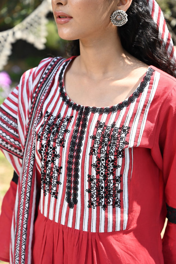 Red Short Kurta With Striped Gharara and Dupatta Set