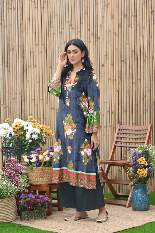 Dark Grey velvet straight kurta with palazzo and dupatta -set of 3