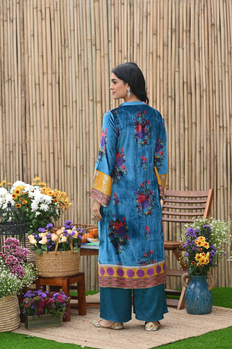 Teal velvet straight kurta with palazzo and dupatta -set of 3
