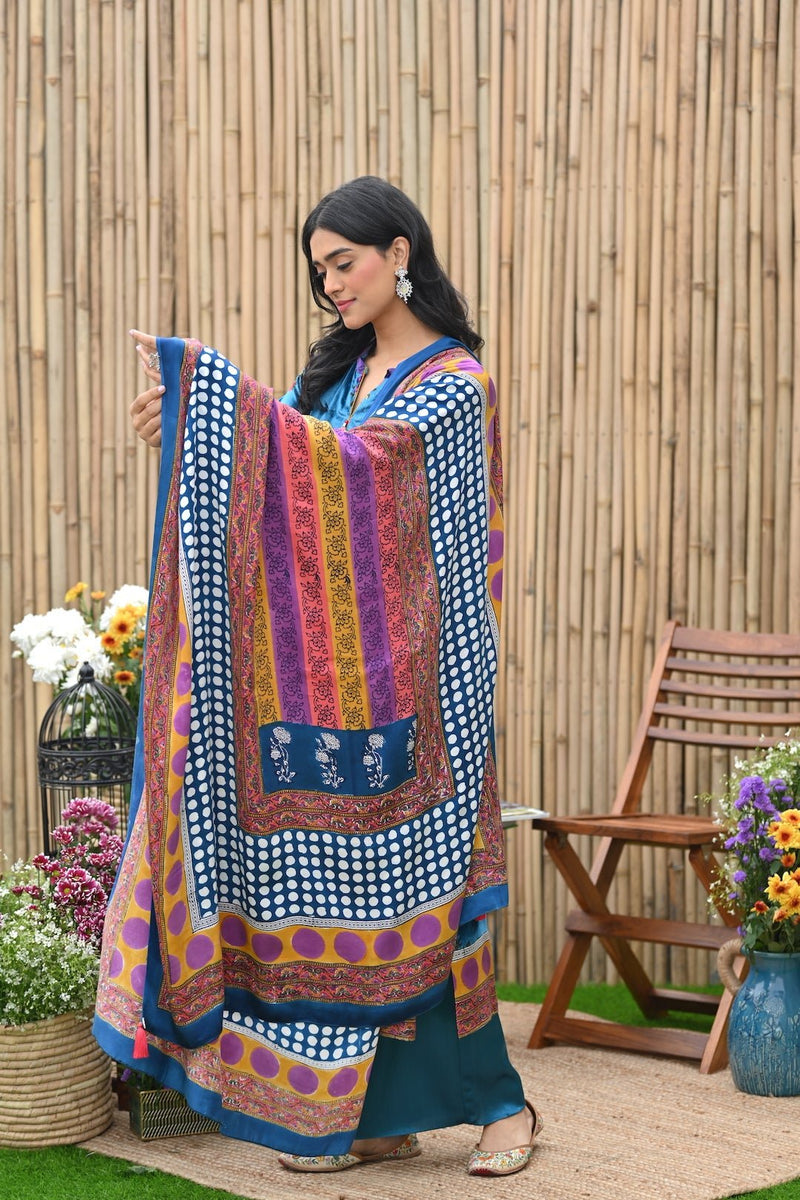 Teal velvet straight kurta with palazzo and dupatta -set of 3