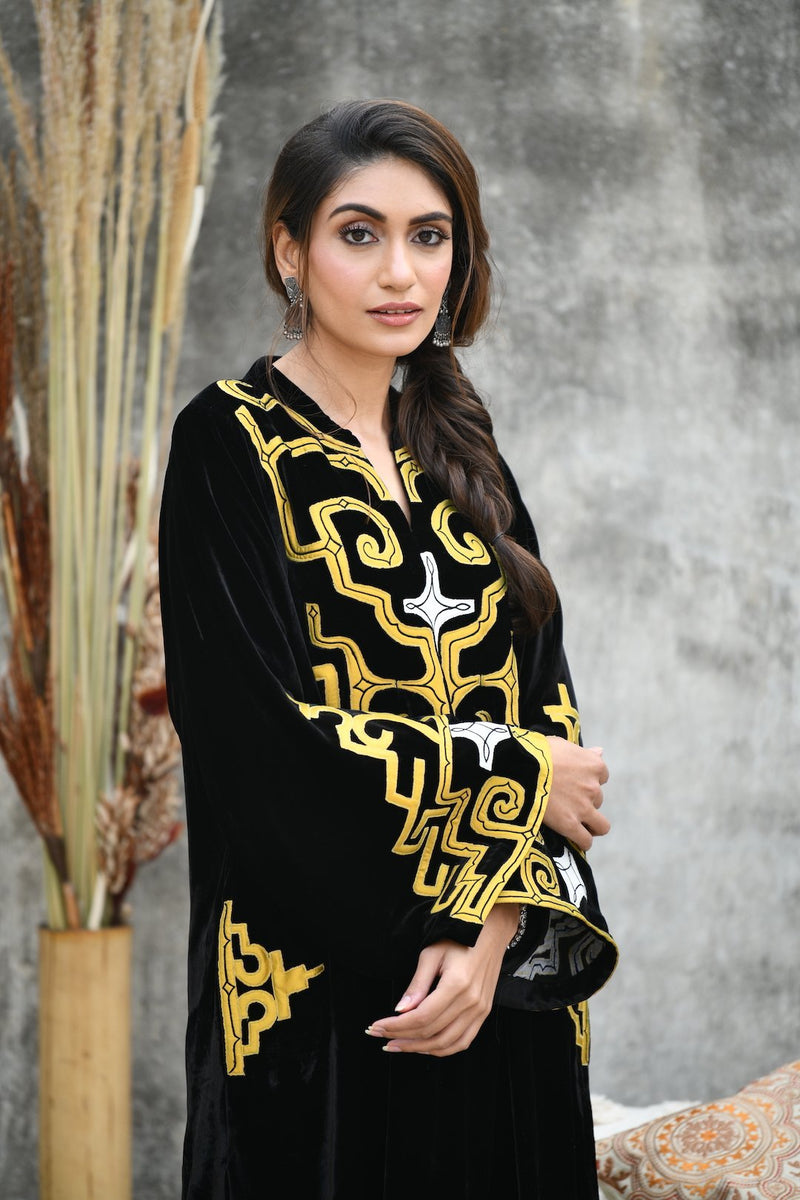 Black Velvet Choga Style Kurta With Mashru Silk Salwar