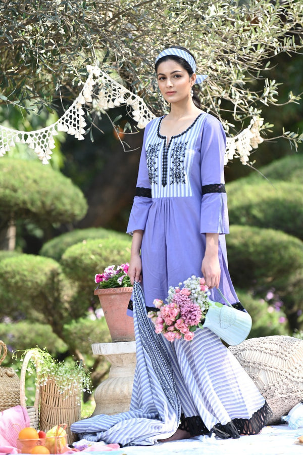 Lavender Kurta with Striped Gharara and Dupatta Set(SALE)