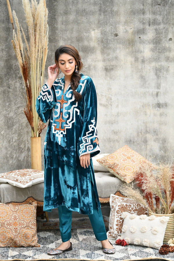 Teal Velvet Choga Style Kurta With Mashru Silk Salwar
