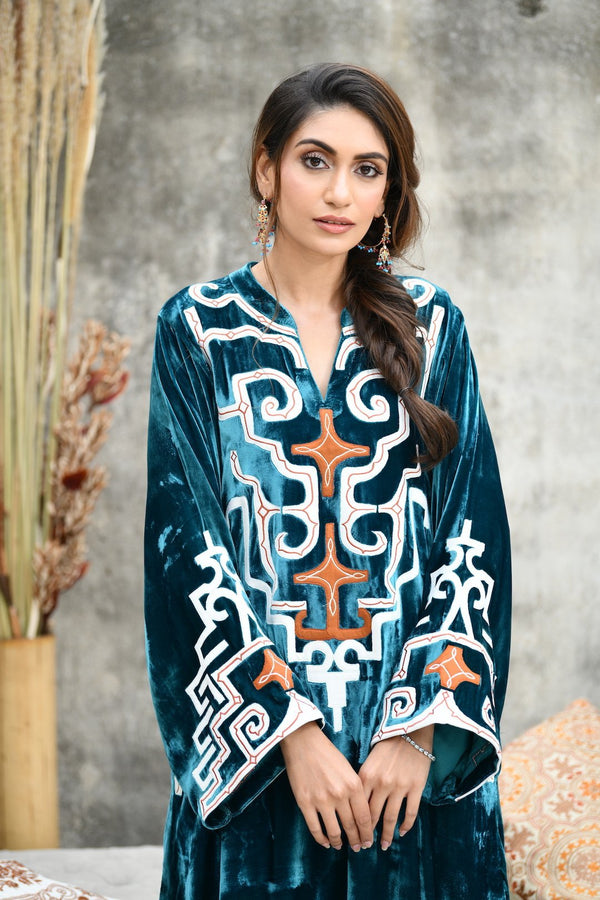 Teal Velvet Choga Style Kurta With Mashru Silk Salwar