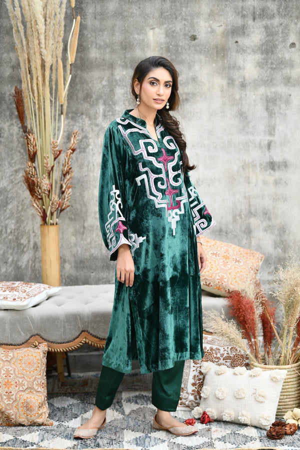 Green Velvet Choga Style Kurta With Mashru Silk Salwar