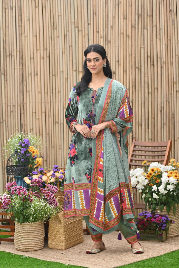 Pista Green velvet A Line kurta with Salwar and dupatta -set of 3
