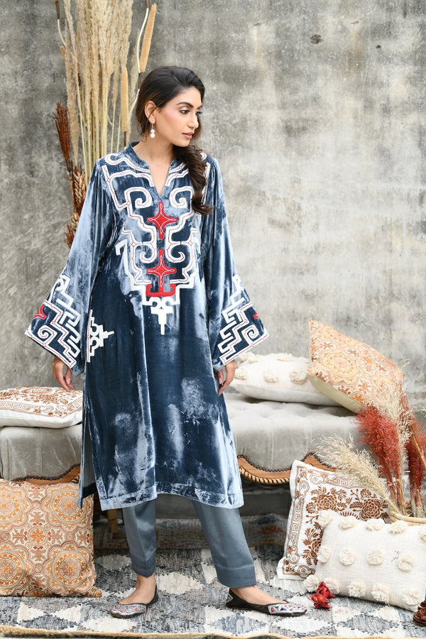 Grey Velvet Choga Style Kurta With Mashru Silk Salwar