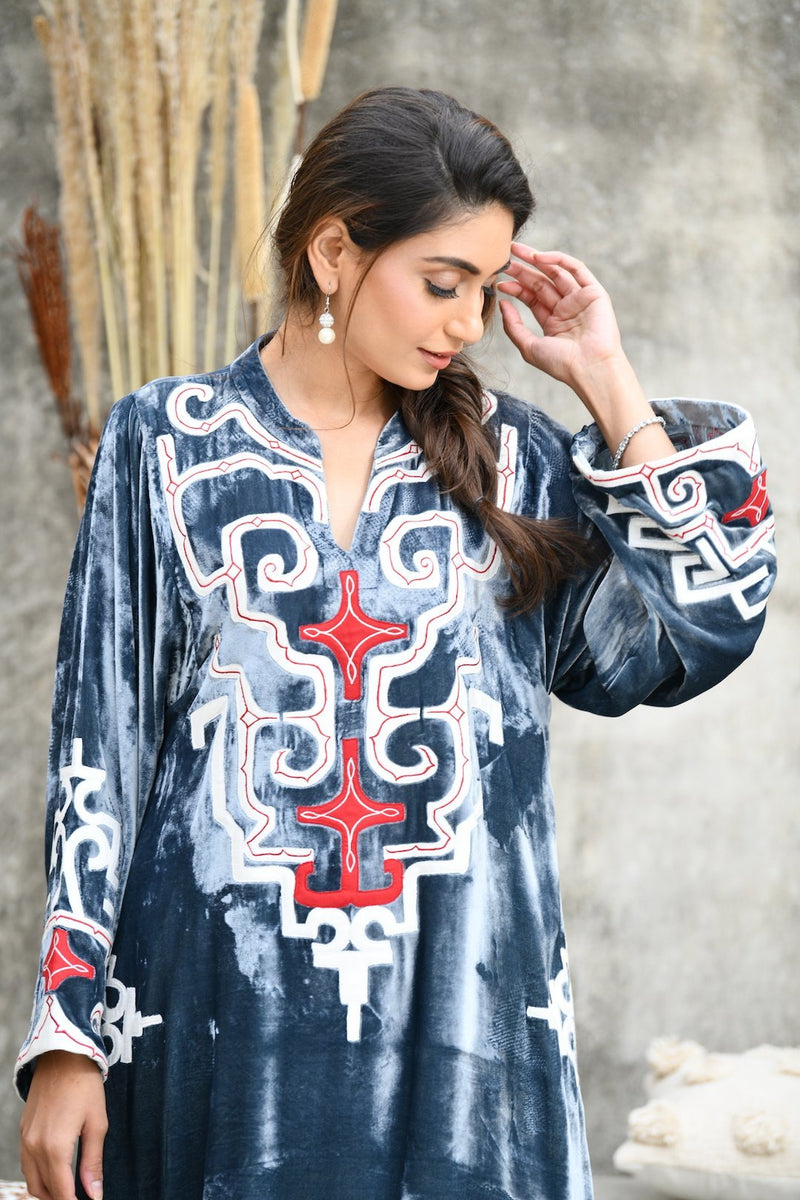 Grey Velvet Choga Style Kurta With Mashru Silk Salwar