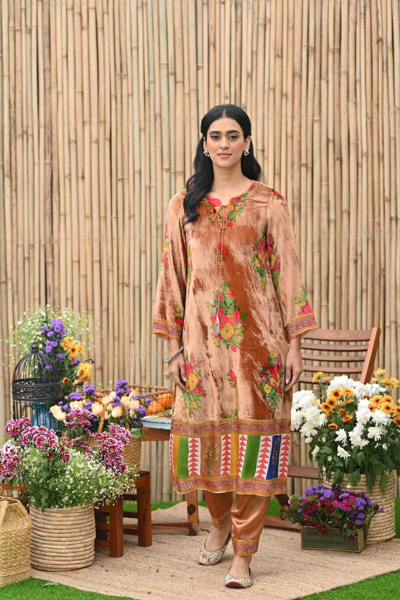 Rust velvet A Line kurta with Salwar and dupatta -set of 3