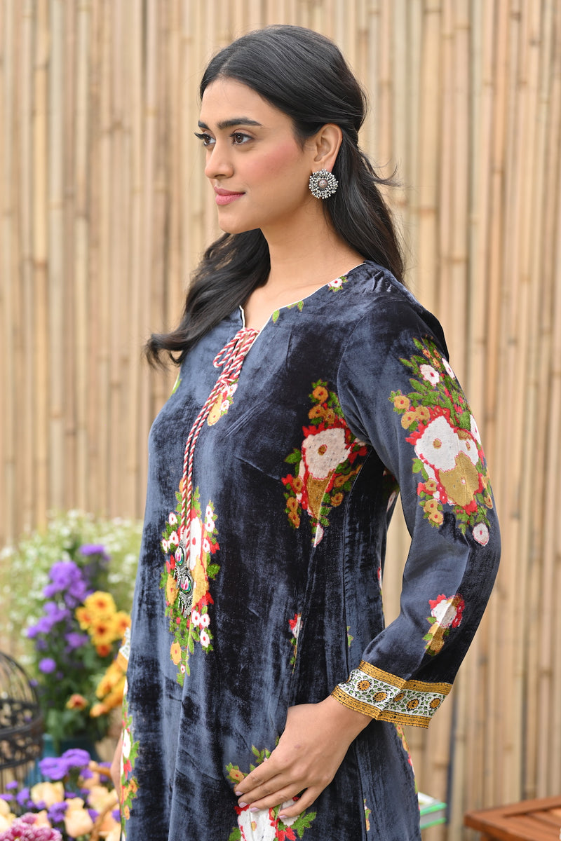 Dark Grey velvet A Line kurta with Salwar and dupatta -set of 3