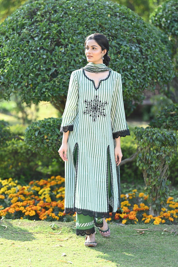 Green striped kurta with front slits, pants and dupatta set (SALE)